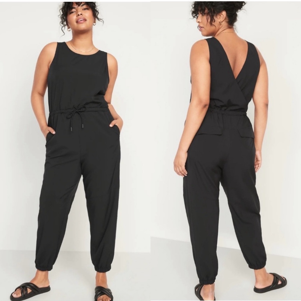 OLD NAVY Sleeveless StretchTech Wrap-Effect Jumpsuit Black with Pockets XL Tall